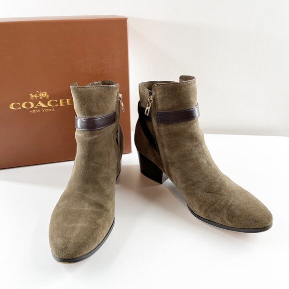 Coach Paulina Block Stacked Heel Suede Ankle Boots Booties Fatigue Chestnut 9 - Picture 2 of 8